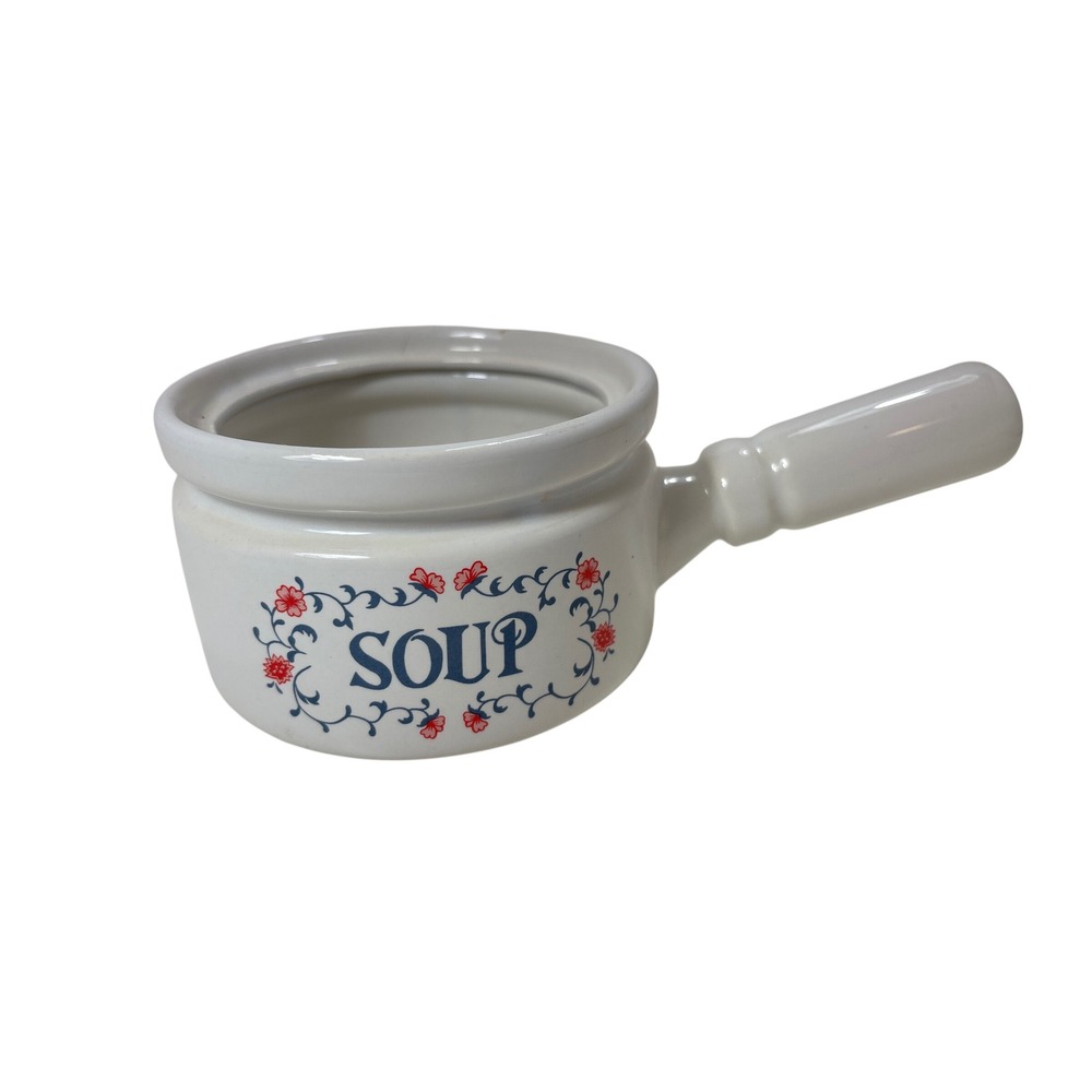 Vintage 1980s Cottagecore Soup Crock Bowl with‎ Handle Floral Ceramic White Red
